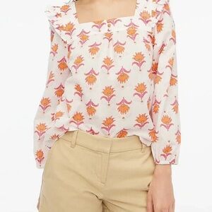 J. Crew Square neck Ruffle Floral Top Blouse Long Sleeve Womens Medium Coquette